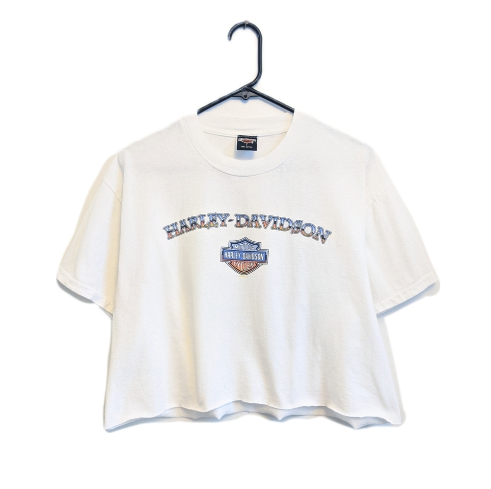 Vtg 90s White Grunge Harley Davidson Cropped Tee